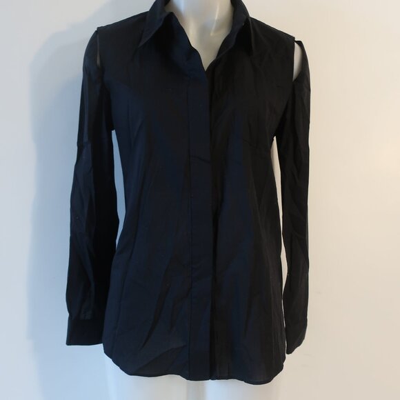 Womens Milly Black Button-Up Cold Shoulder Cut-Out Blouse Top 6 - Picture 1 of 10